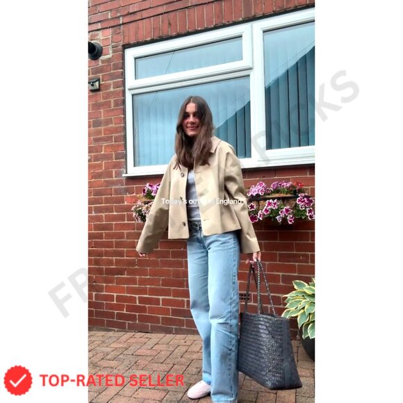 Oversized Trench Coat with Plaid Lining Lapel Casual Crop Jacket - Picture 7 of 7